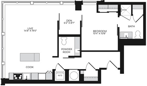 Floor plan for 1 bed, 1.5 baths, 783 sqft